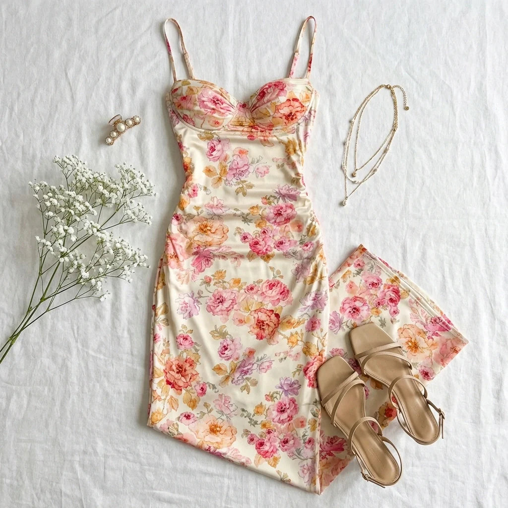 Roselle Floral Satin Slip Dress with Corset-Style Bust